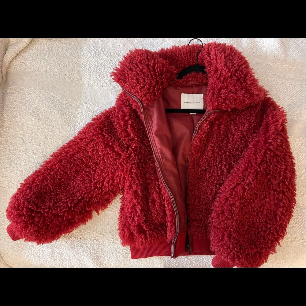 American Eagle Red Poodle Bomber Jacket